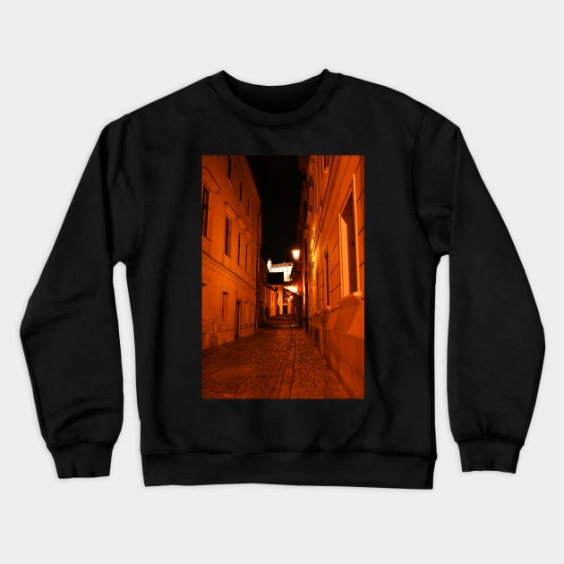 Medieval cobblestone street in Bratislava Crewneck Sweatshirt by Kate-P-